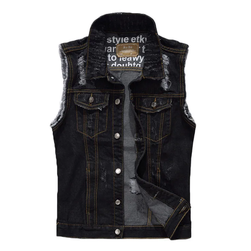 

2019 New Cotton Black Jeans Sleeveless Jacket Men Classic Style Fashion Hole Denim Jeans Vest Men Cowboy Denim Vest Mens Jackets