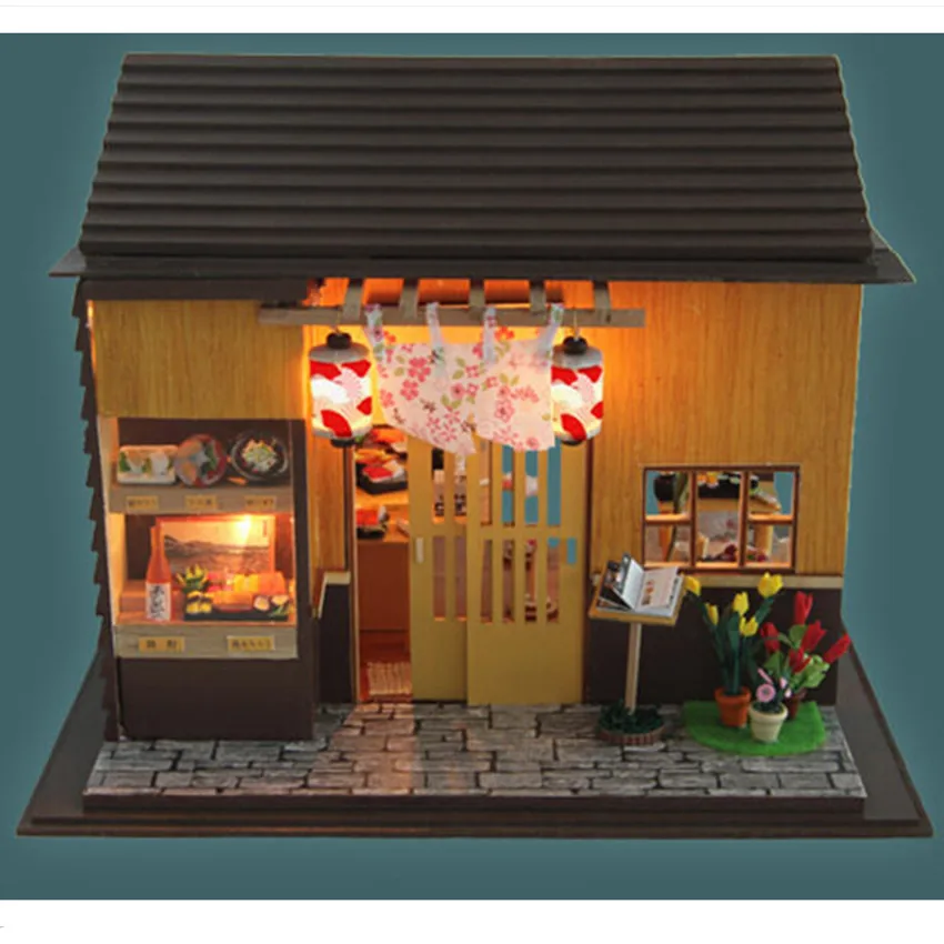 Японский стиль Zakka Сакура суши бар кукольный домик с мебели, Новинка DIY Деревянный Кукольный дом сборка кристима модель игрушки