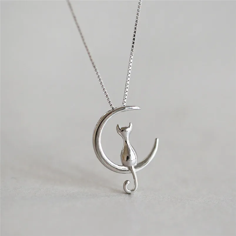 1Pc New Fashion Jewelry Silver Gold Moon Lovely Cat Necklaces Pendant Women Christmas Gifts Simple Temperament Cute Chain D10 (3)