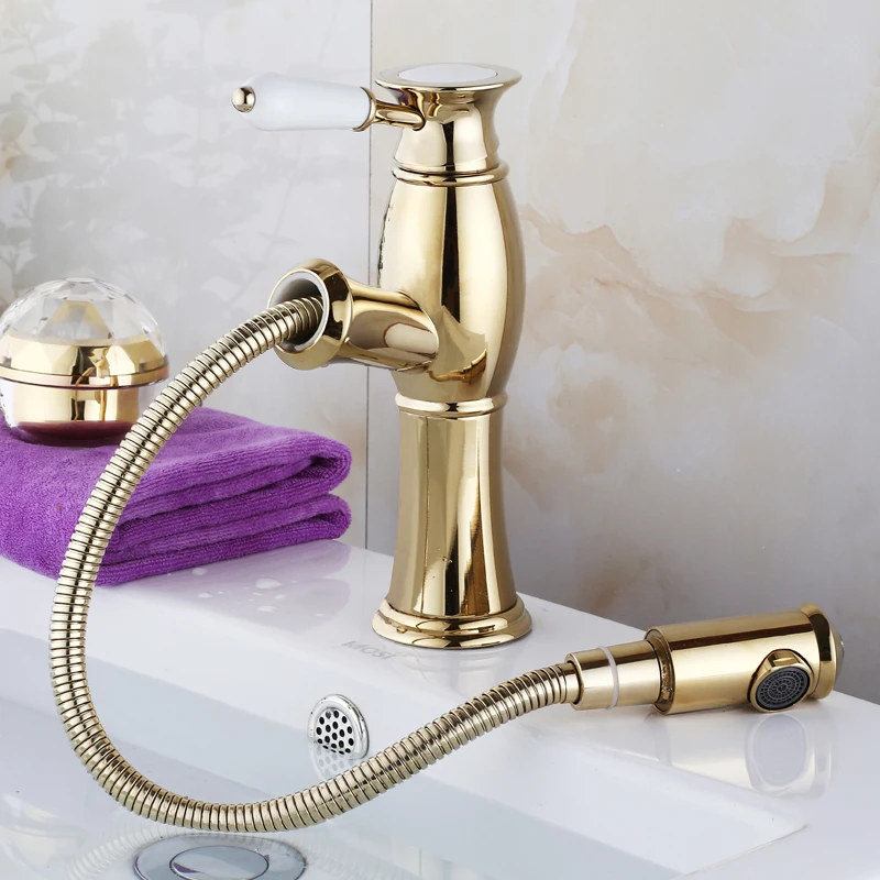 Bathroom Basin Faucets Gold Brass Pull Out Sink Faucet Shower Antique Creamic Single Hole Handle Hot and Cold Water Mixer Taps Bathroom Basin Faucets Gold Brass Pull Out Sink Faucet Shower Antique Creamic Single Hole Handle Hot and Cold Water Mixer Taps