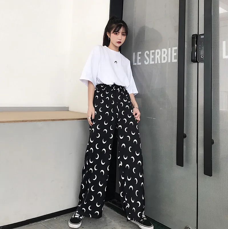 

Women Gothic Moon Printed Wide Leg Pants 2019 New Ins Popular Streetwear Casual High Elastic Waist Loose Trousers Women