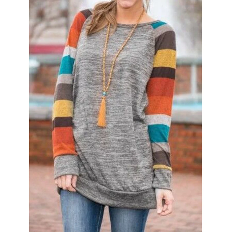

CALOFE Patchwork Striped T-shirts Women Long Sleeve Casual Basic Top Tees Autumn Winter Vintage Plus Size tshirts Female 2019