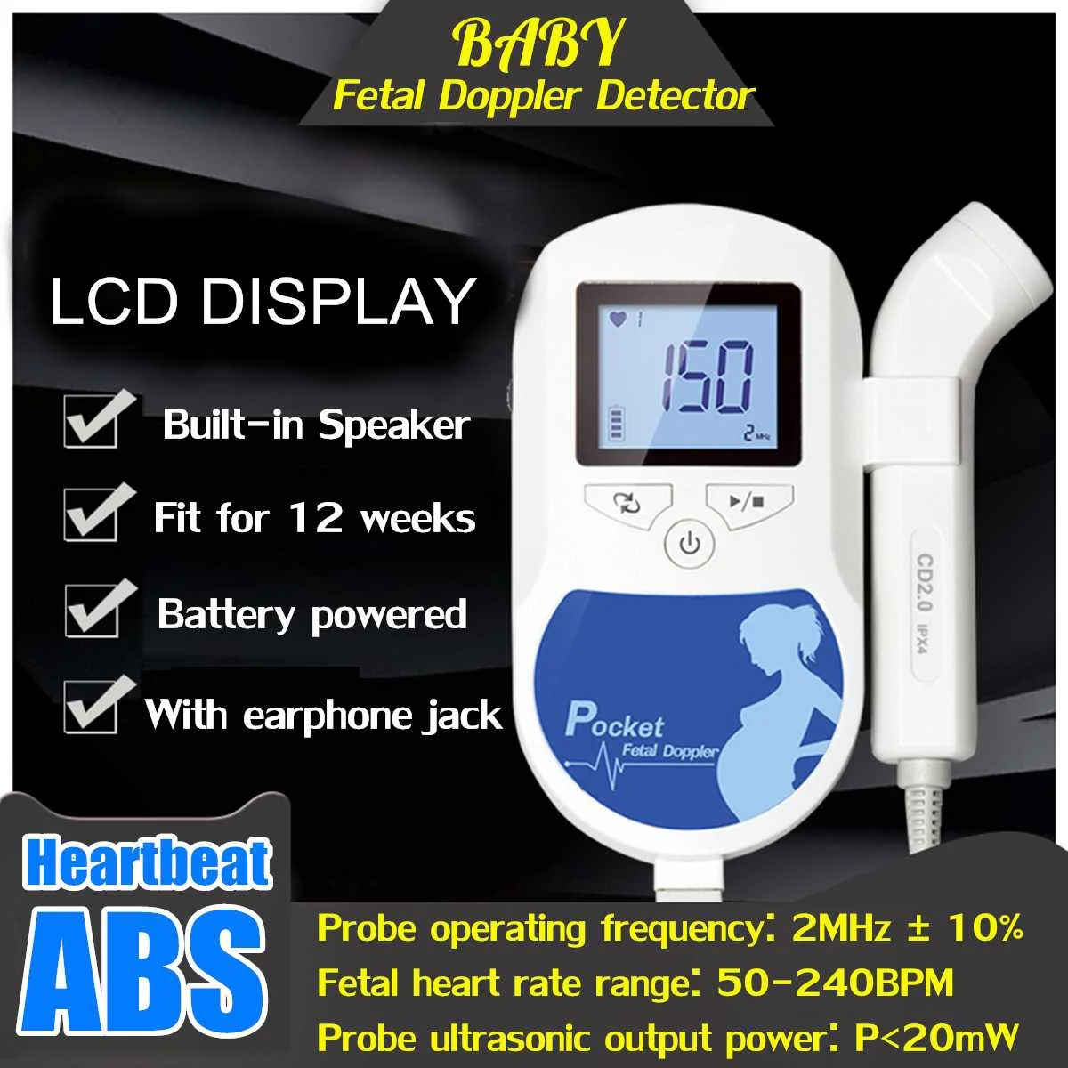 

LCD Display Fetal Doppler Detector Baby Heartbeat Sound Monitor Health Prenatal Probe Pocket Doppler Household Health Care Meter