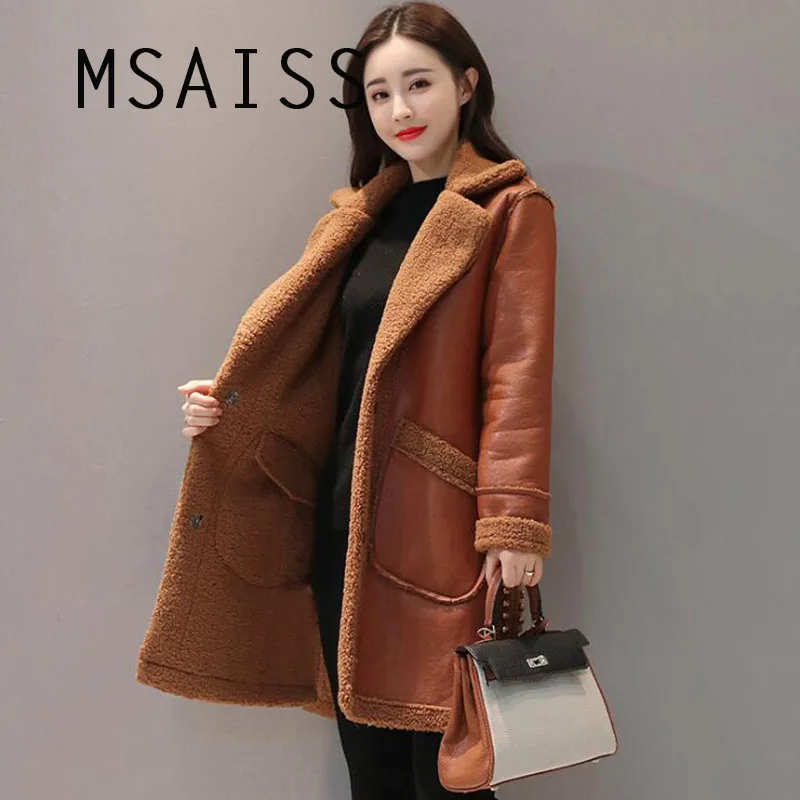 MSAISS Double-sideSheepskin Coat Women Winter Leather Jacket Brown Wine Shearling Coat Fur Collar Warm Leather Jacket Outerwear - Цвет: Коричневый