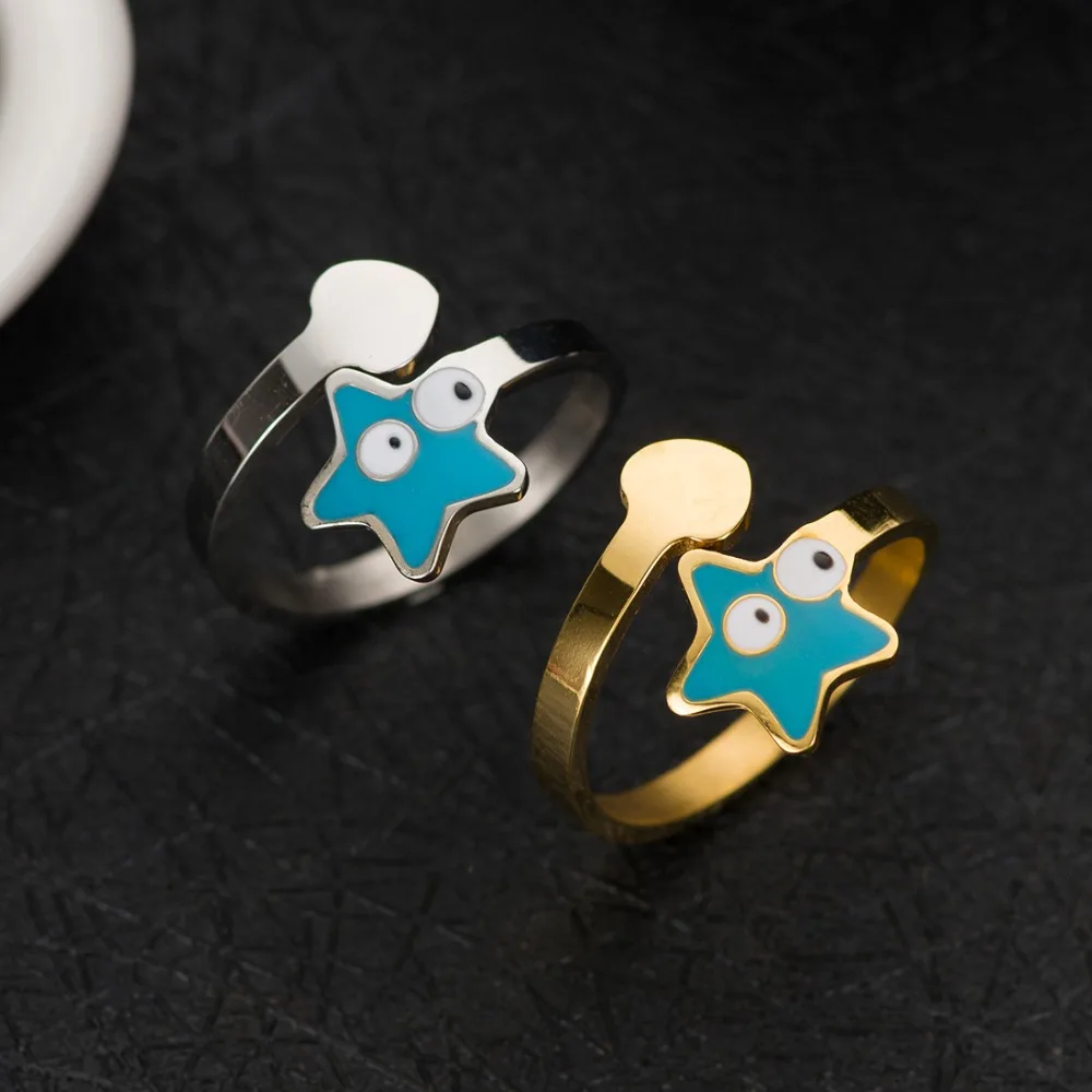 

NEW fashion bear style enamel blue eye star cute animal design adjustable size finger ring stainless cuff ring