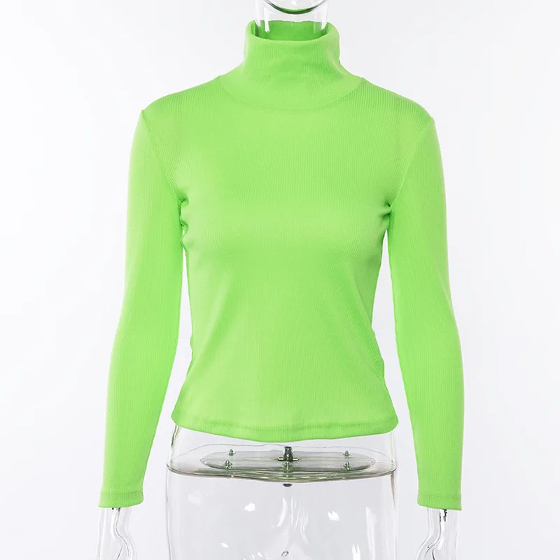 Saimishi ребристый вязаный джемпер осенний неоновый зеленый Модный женский свитер с высоким воротом и длинным рукавом облегающий свитер Флуоресцентный цвет Топы