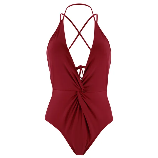 Cobunny Retro Red One Piece Swimsuit Women Deep V Neck Swimwear Halter