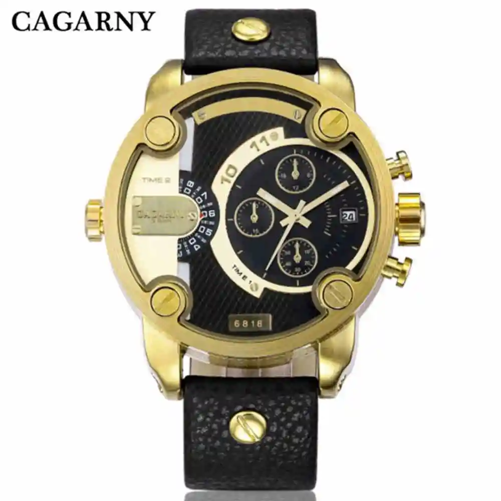 

CAGARNY Men Quartz Clock Watches Fashion Man Luxury Watches Sport Gold Military Dual Time Zone Display Calendar Watch PENGNATATE