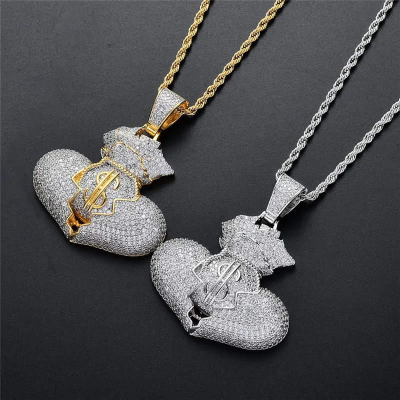 Iced Out кошелек разбитое сердце кулон ожерелья для мужчин женщин микро проложить