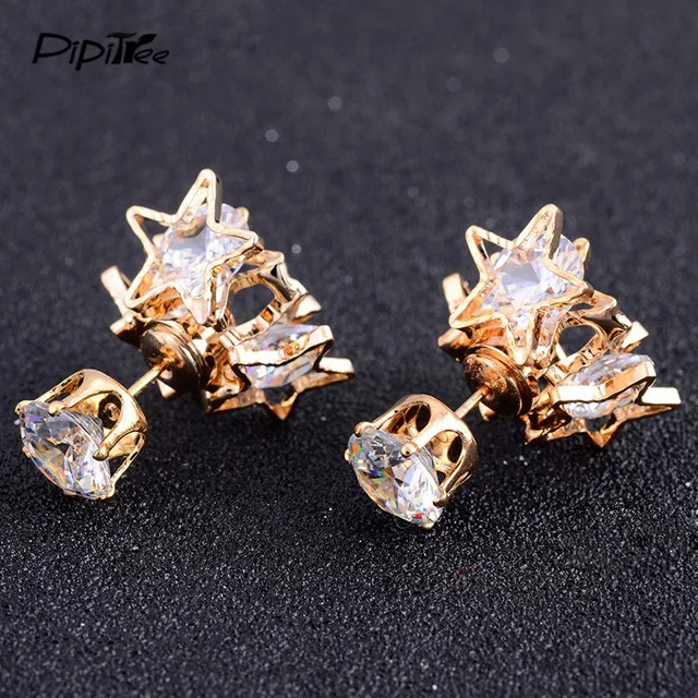 Pipitree Luxury Sparkling Cubic Zirconia Star Earrings Brand Jewelry Pipitree Luxury Sparkling Cubic Zirconia Star Earrings Brand Jewelry Gold Color Double Side Crystal Stud