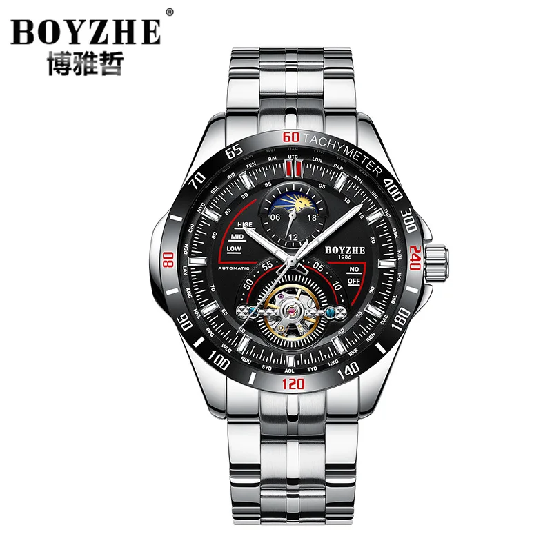 

BOYZHE brand mens wristwatches Automatic mechanical stainless steel man watches Tourbillon waterproof Multifunction male clocks