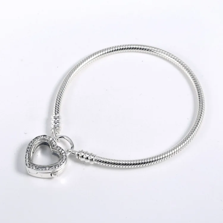 

925 Sterling Silver Bracelets With Clear CZ Floating Heart Padlock Bracelet Fits Europe Brand Charm Beads DIY Bracelets Jewelry