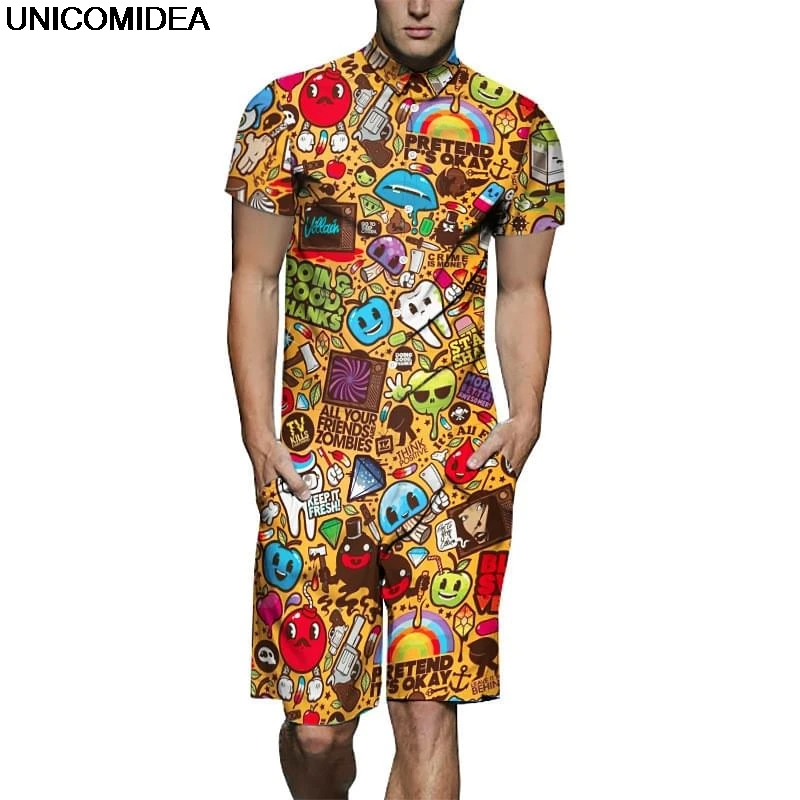 

Funny Cartoon Comic Men Rompers 3D Jumpsuit Playsuit Harajuku Harem Cargo Overalls One Piece Jumpsuit Hawaiian Shirts Men's Sets