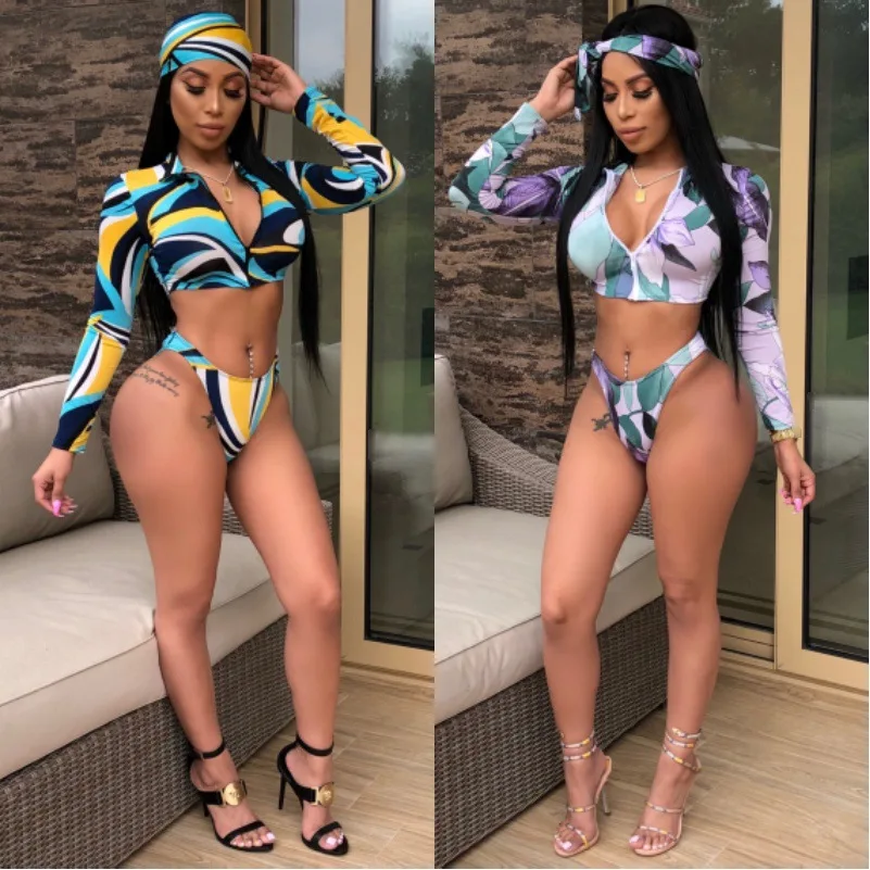 

3PCS/SET Sexy Long Sleeve Swimsuit and Scarf Set Flower Printed Zipper Crop Tops Bathing Suit Biquinis Bikinis Set Swimwear