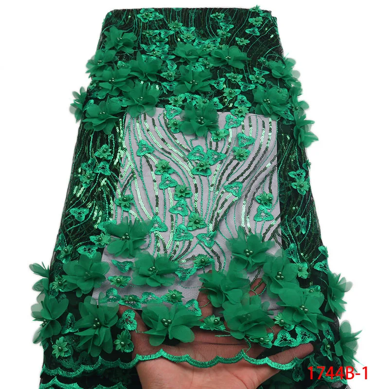 Green color French lace Fabric High Quality African Nigerian tulle 3d flower embroidered beaded beads sequins XZ1744B-2 | Дом и сад