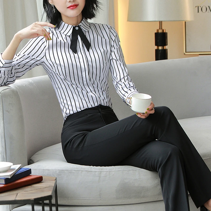 

2019 Summer Woman Business Suit Office Suits Work Women Slim Striped Shirt Loose Blouse+Straight Pants 2pcs Pants Suits 4XL