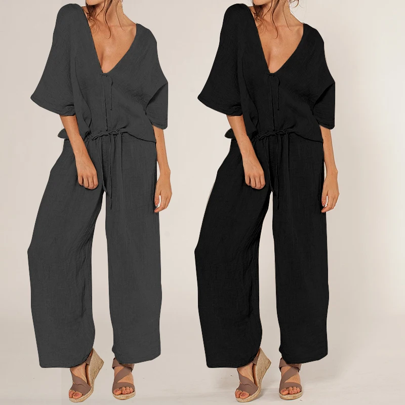 

Oversized Celmia Women Casual Solid Jumpsuits Sexy V-neck Overalls Elegant Lace UpOffice Work Wide Leg Pant 2019 Summer Rompers