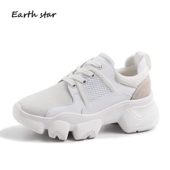 

White Shoes Women Genuine Leather Chunky Cneakers Platform Spring Newzapatos de mujer Spring New Lady footware Patchwork Black