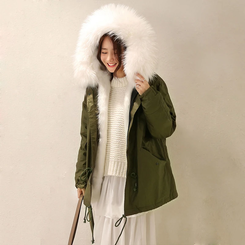 2016 New Women Winter Army Green Jacket Coats Thick Parkas Plus Size Real Raccoon Fur Collar Hooded Outwear C900