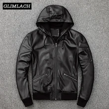 Осенний летчик-бомбардировщик из натуральной овечьей кожи с капюшоном мужские черные тонкие Натуральная овечья кожа летное пальто пилота плюс размер