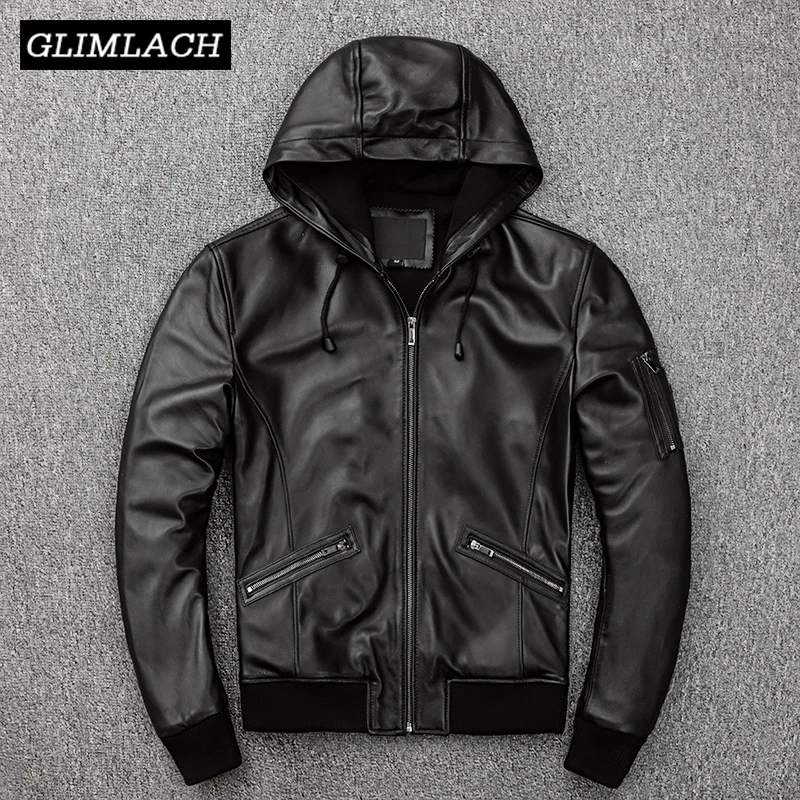 

Autumn New Hooded Lambskin Real Leather Aviator Bomber Jackets Men Black Slim Genuine Sheep Leather Flight Pilot Coat Plus Size