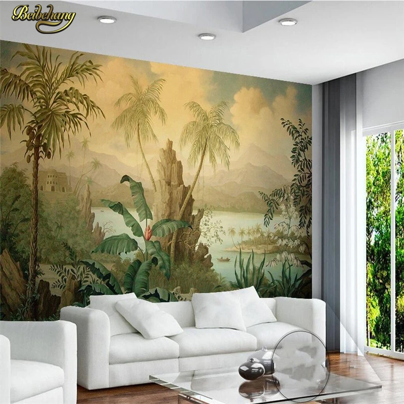Beibehang papel де parede, пользовательские росписи обоев Европейский ретро пейзаж маслом тропический лес Бахо кокосовой пальмы