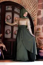 A-line With Hijab Dark Green High Collar Long Sleeve Pink Color Casual Embroidery Long Sleeve Muslim Long Evening Dress 2017