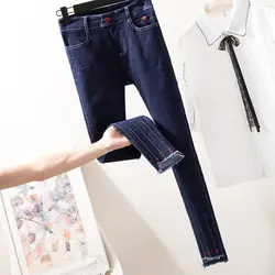 Большие джинсы для Для женщин кисточкой середины талии Эластичный Slim Fit джинсовые узкие брюки ботильоны Длина Femme брюки джинсы-бойфренды 4XL