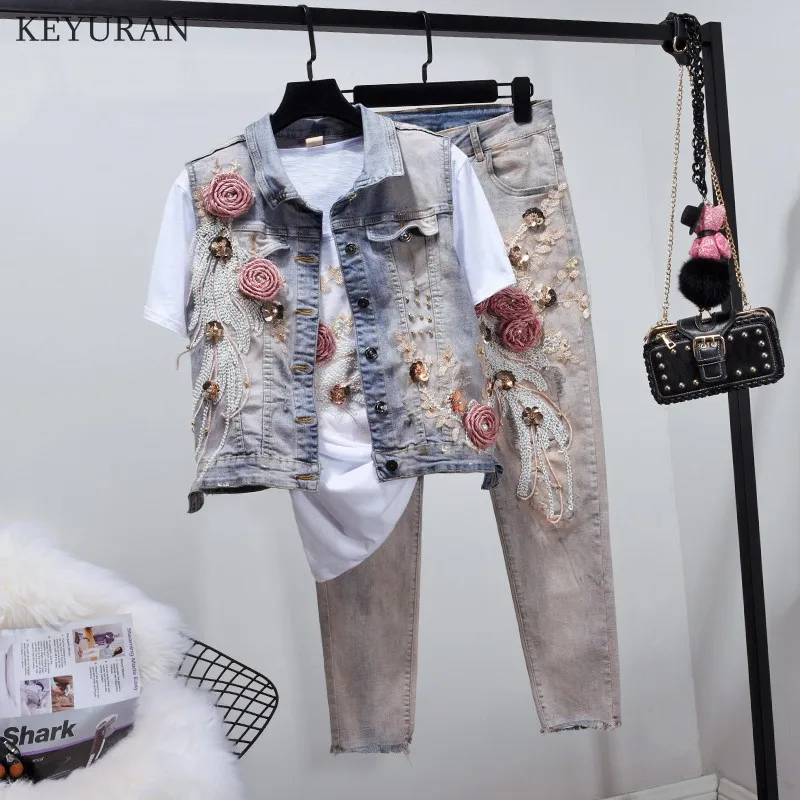 

2019 Spring Summer New Women's Jeans Two Piece Sets Sequined Embroidered Denim Waistcoat + Slim Jeans Plus Size Shorts Suit 3429