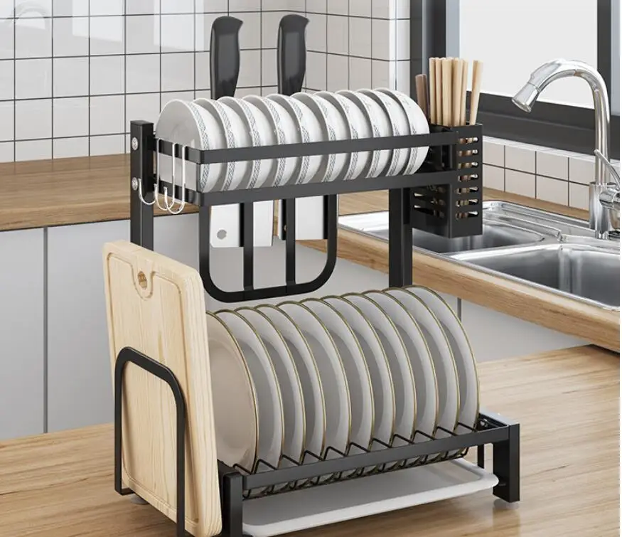 Black kitchen racks dish rack stainless steel drain dish rack to dry dishes chopsticks dishes tray knife holder storage box