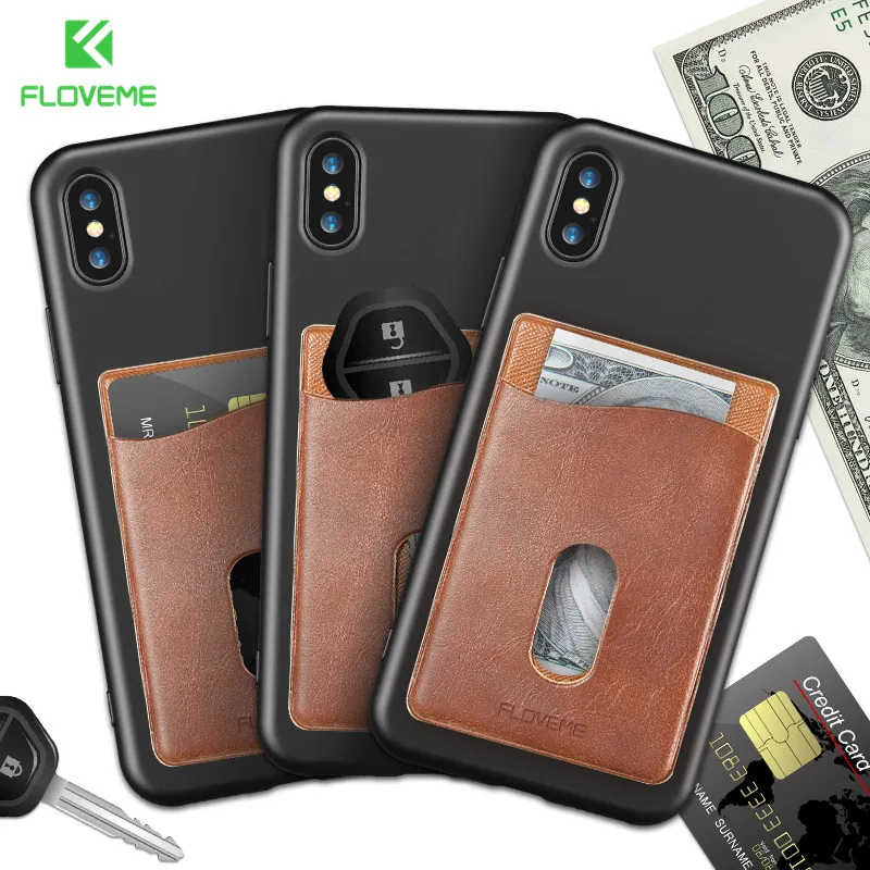 Kopen FLOVEME Mobiele Telefoon Portemonnee Case Credit Id kaart Houder Pocket Stok Op 3 M Lijm Lederen Kaarthouder Sticker Pocket originele