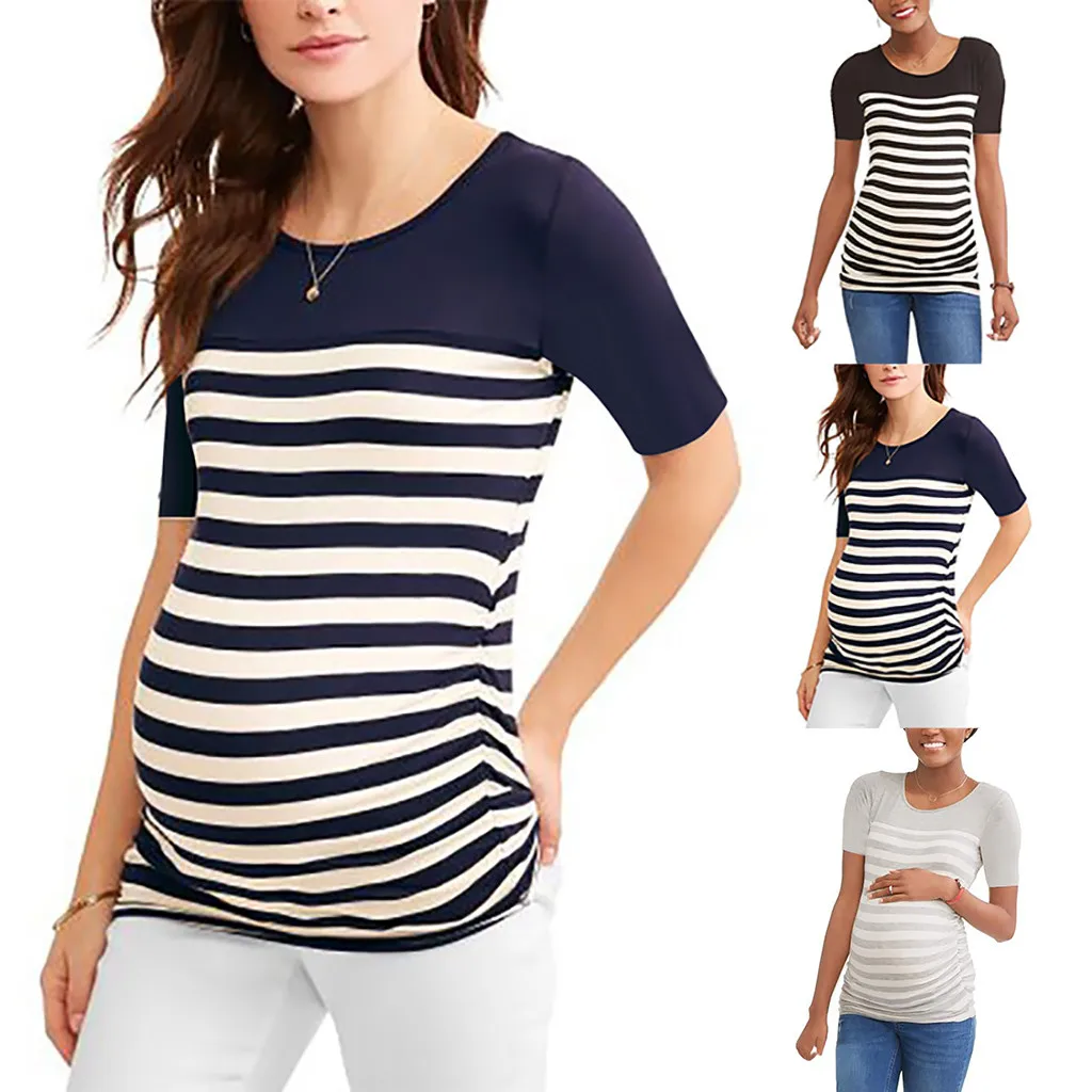 Женская одежда для беременных ropa de mujer Одежда для беременных футболка для кормления грудью топы с круглым вырезом полосатая футболка с коротким рукавом