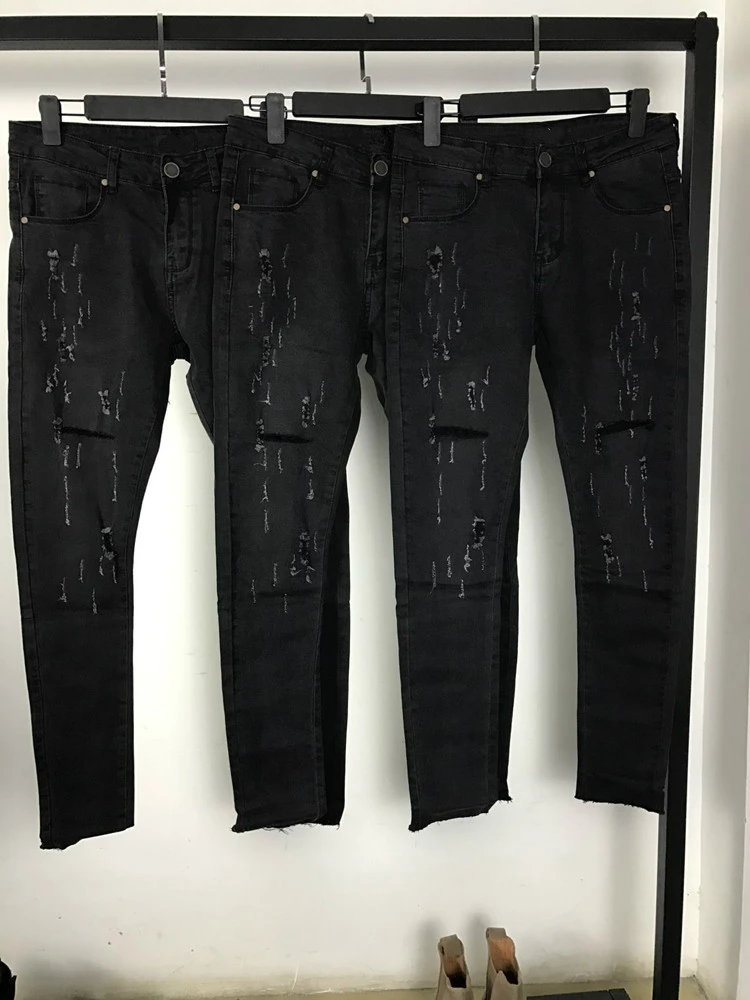 Vintage Black Ripped Biker 2017 Mens Skinny Fit Distressed Leg Opening Denim Jeans Free Shipping