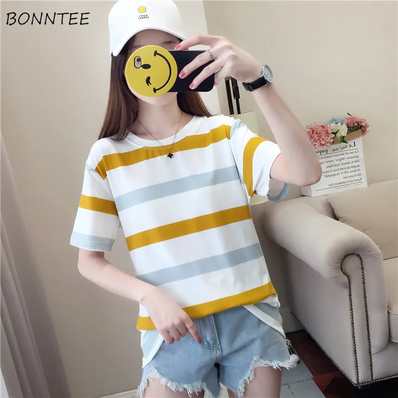 

T-shirts Women Striped Short Sleeve Girls Sweet Trendy Chic Tee Womens Summer School All-match Harajuku T-shirt Soft Leisure Top