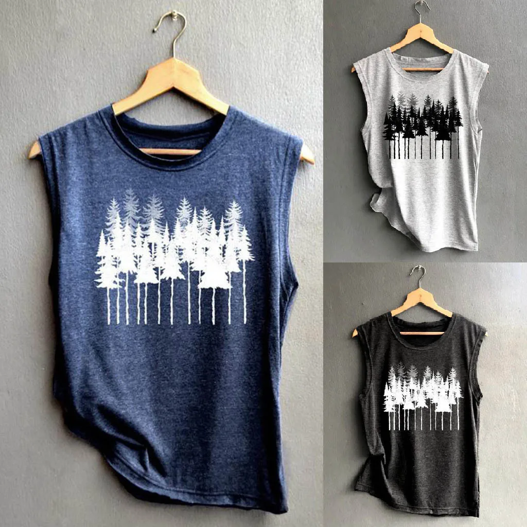 

3 Colors Women Sleeveless Forest Print T Shirt Casual Ladies Loose Tank Top Soft Comfortable Outdoor summer top Women Beach Vest