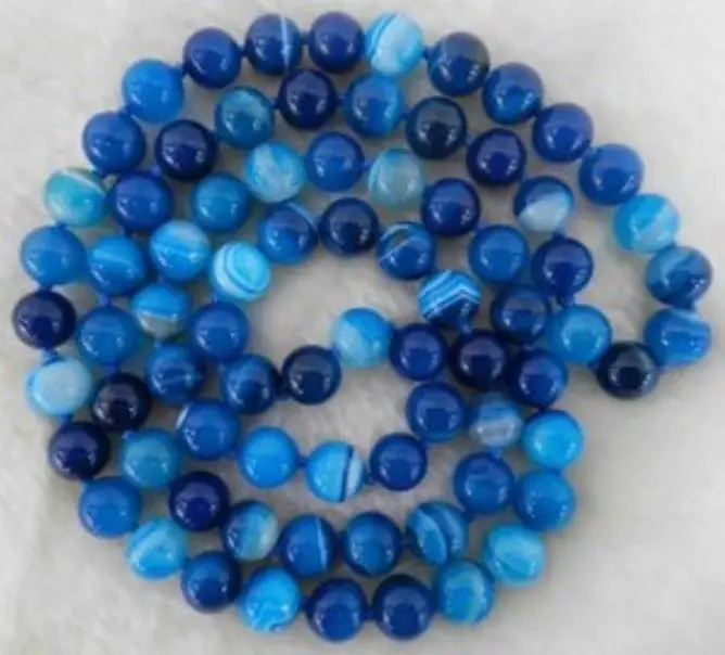 

10mm Natural Blue Stripe Agate Onyx Gem Round Beads Necklace 34