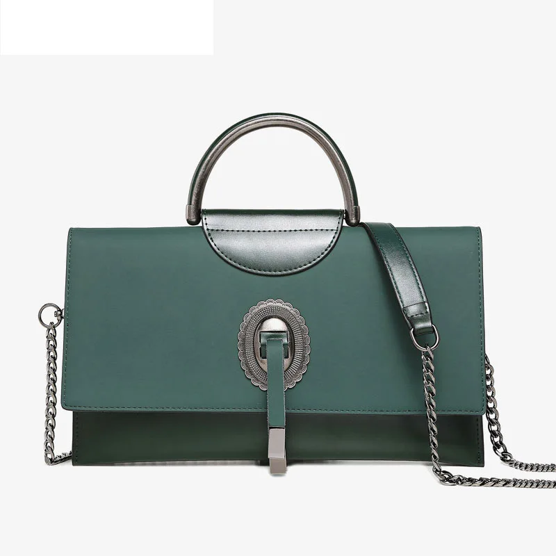 Fashion trend delicate iron ring decoration large capacity Genuine Leather chain bag magnetic buckle opening women handbags