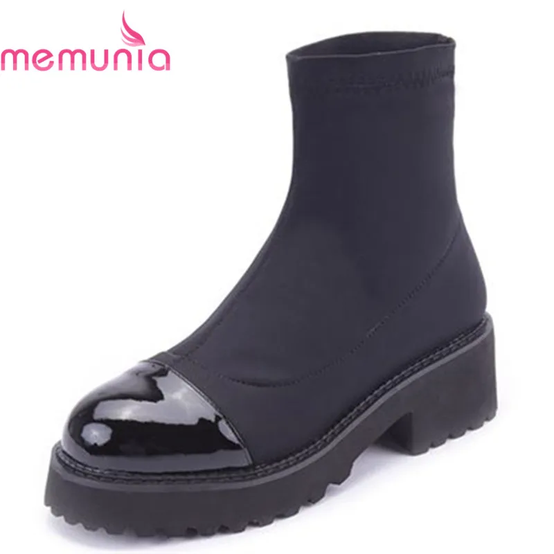 

MEMUNIA fashin cloth+genuine leather ankle boots for women hot sale boots simple round toe boots comfortable med heels shoes