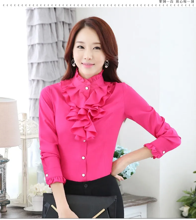 Высококачественная шифоновая блузка с длинным рукавом, элегантная женская рубашка с оборками, тонкая офисная блуза, Женская рабочая одежда, топы размера плюс