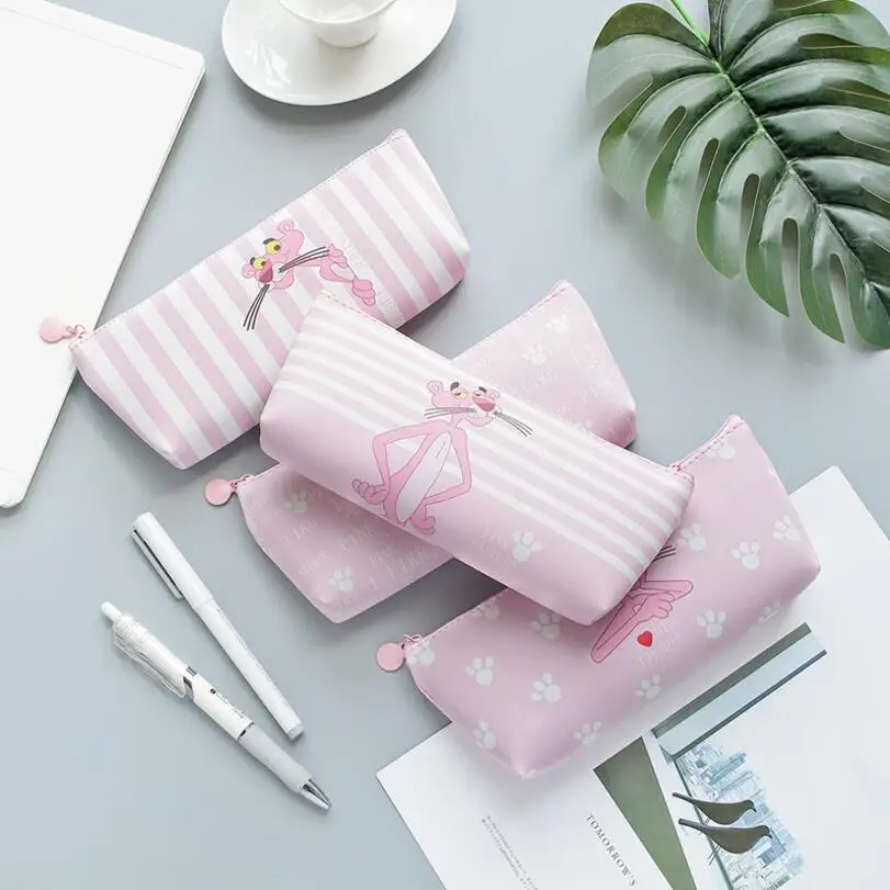 

1 Pcs Cute Kawaii Pink Leopard PU School Pencil Case Stationery Pink Panther Pencil Bag Boys Girls Pencil Case School Supplies