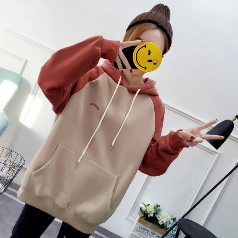 

Loose Windsuit Female Autumn and Winter New Korean Edition Long Sleeve Student Plushing Thickened Hood for Warmth and Slender