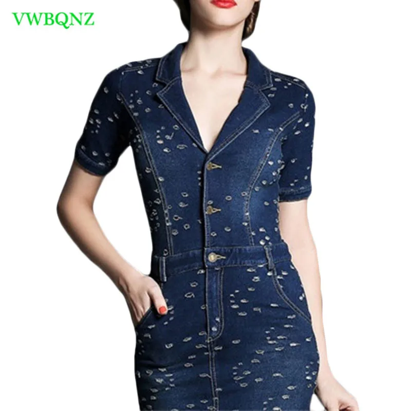Spring Autumn High waist Denim Dress Women Slim Short sleeve Casual Jeans Dresses Female Holes Denim Blue A word Dresses A724