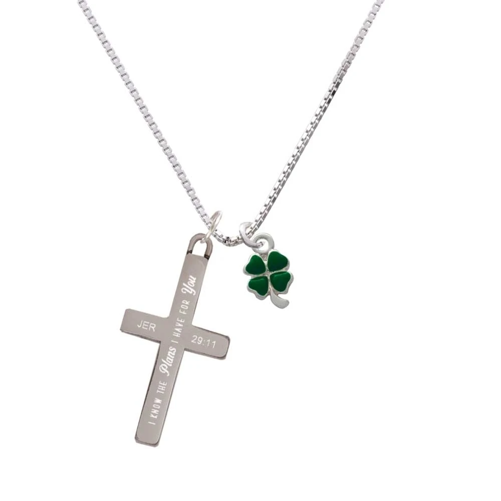 Mini Green Four Leaf Clover with Heart Leaves - Plans I Have for You - Cross Necklace