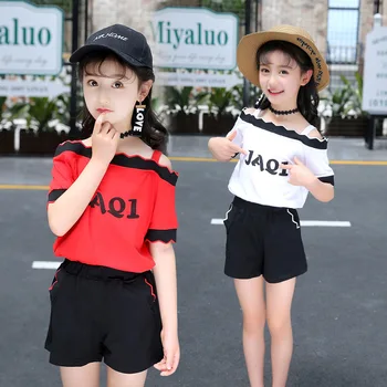 

2019 Summer Girls Clothing Set Kids Children Toddler Clothes Boutique Outfits Off Shoulder JAQ1 T Shirt+ Shorts 2 to 13 Years