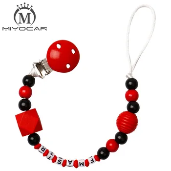 

Personalised -Any name Hand made lovely red Geometric wooden beads dummy clip holder pacifier clips soother chain teether clip