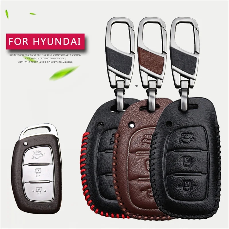 Real Leather Car Smart Key Shell Case Cover For Hyundai IX35 Hb20 I30 IX20 I10 Solaris 2017 Creta Getz Chain Holder | Автомобили и