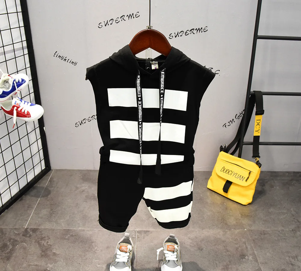 New Summer Children Sports Clothing For Boys Clothes Set Casual Active Baby Boy Outfits Stripe Hooded Tops Shorts 2pcs Kids Suit (1)