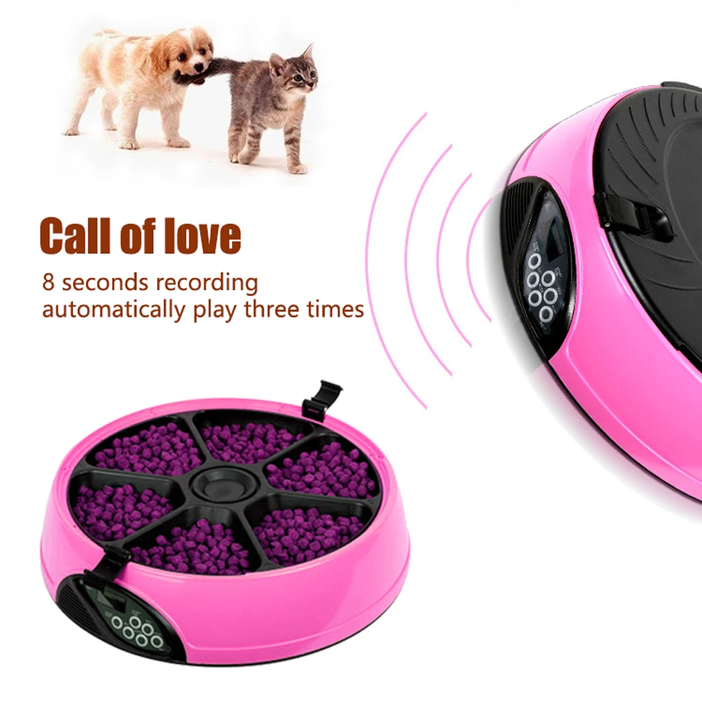 

Round Large Capacity Dogs with Voice Recorder 6 Meals Cats Pet Automatic Feeder Dispenser Container Food Travel Home Timing Bowl