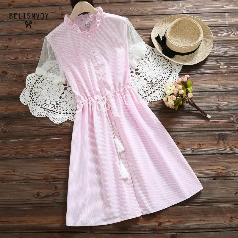 

Mori Girl Lace Short Sleeve Striped Dress Women Casual Summer Dresses Female Ruffles Sundress Elegant Drawstring Vestidos