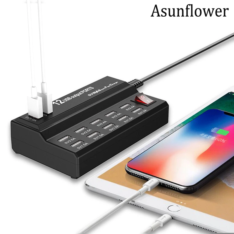 

Asunflower 12 Port USB Charger Adapter Splitter 5V 12A Desktop Intelligent Smart Fast Charging Station Hub Adapter UK US EU Plug